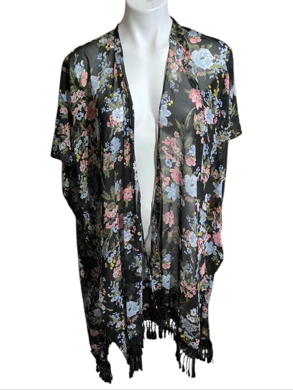 Time And Tru Black Sheer Floral Kimono With Fringe One Size - Picture 2 of 10